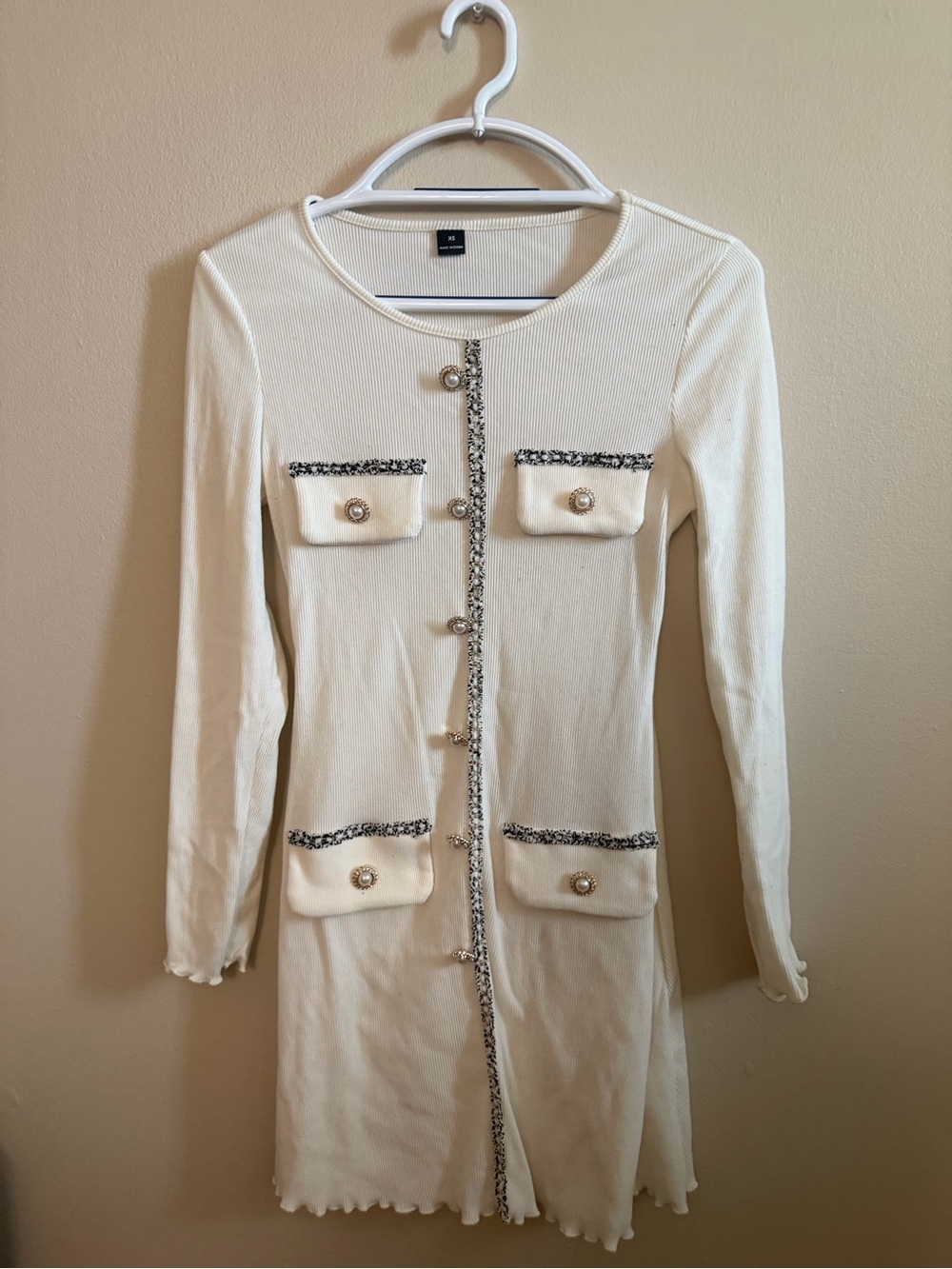 Cream Long Sleeve Pocket Dress with Pearl Buttons